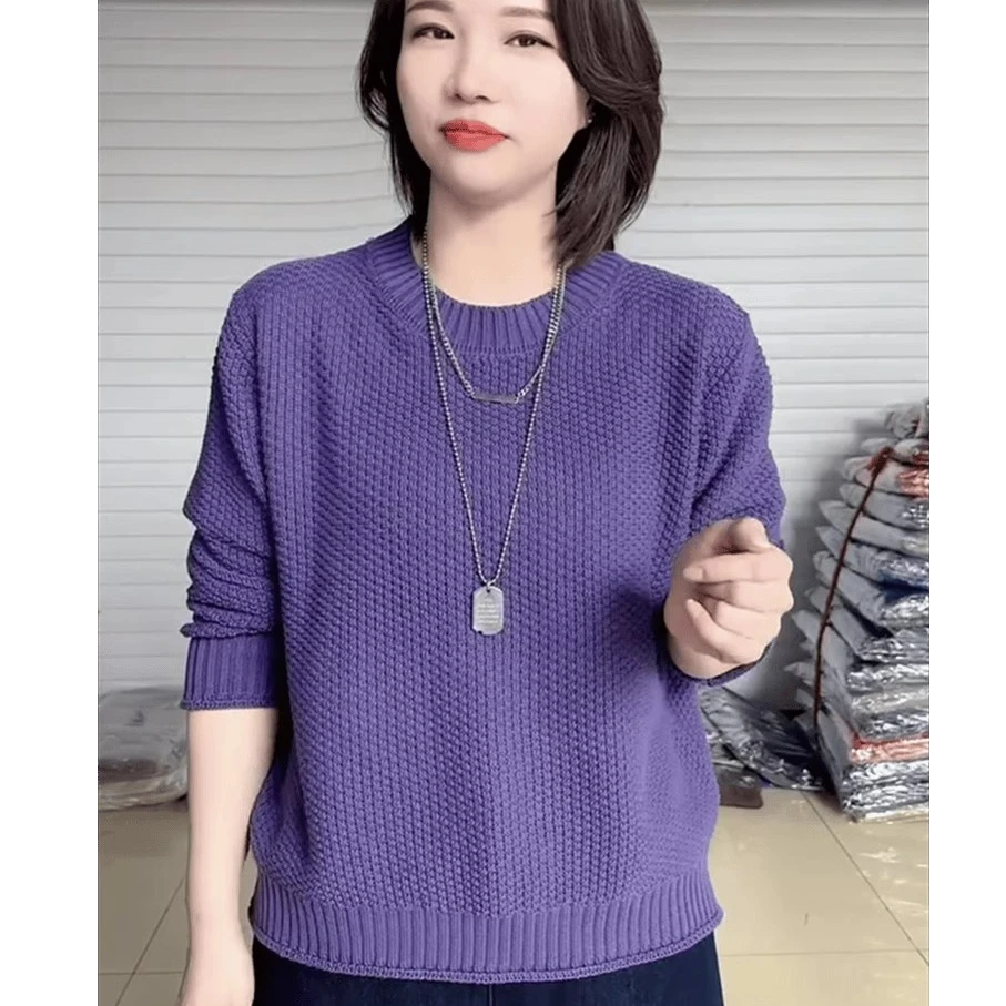 欧货纯色圆领针织衫套头复古宽松秋冬毛衣女保暖加厚遮肚子女上衣