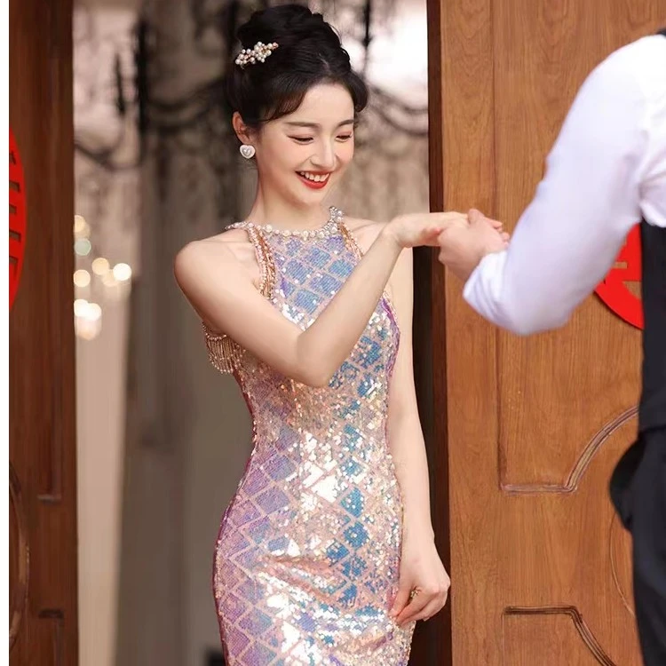 2024新款敬酒服新娘高级旗袍订婚礼服连衣裙艺考鱼尾晚礼服裙332