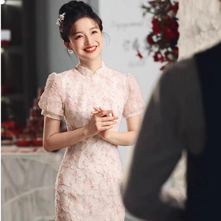 2024新款敬酒服高级感蕾丝旗袍订婚礼服连衣裙日常可穿花朵夏333
