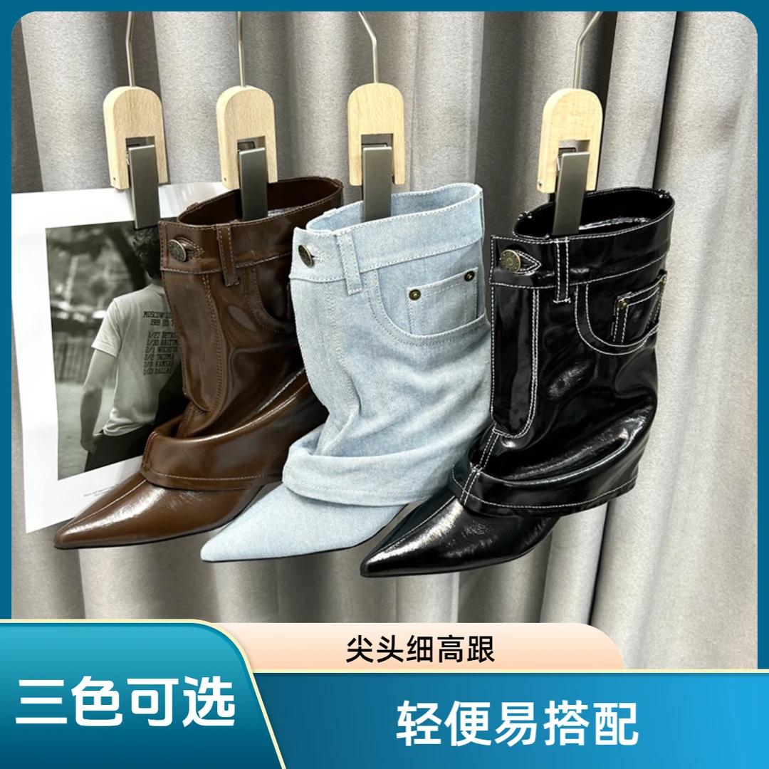 【CC家】秋季单靴子尖头时装靴个性包包女时尚百搭坡跟纽扣时尚短靴