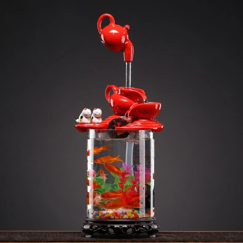 新中式小型鱼缸造景循环流水养鱼流水摆件客厅办公室桌面装饰品