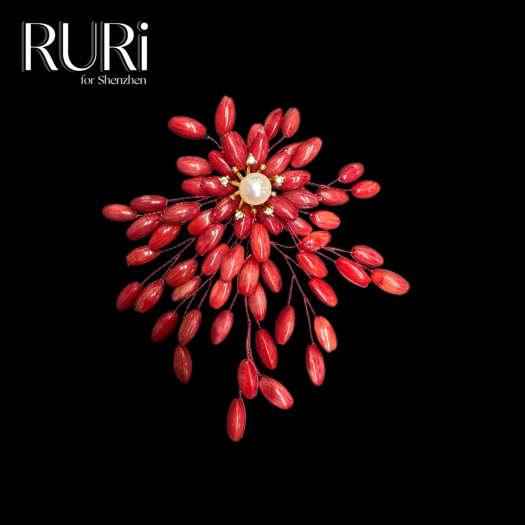 铜合金琉璃胸针  时尚简约串珠款红色石花卉款胸针 A1832