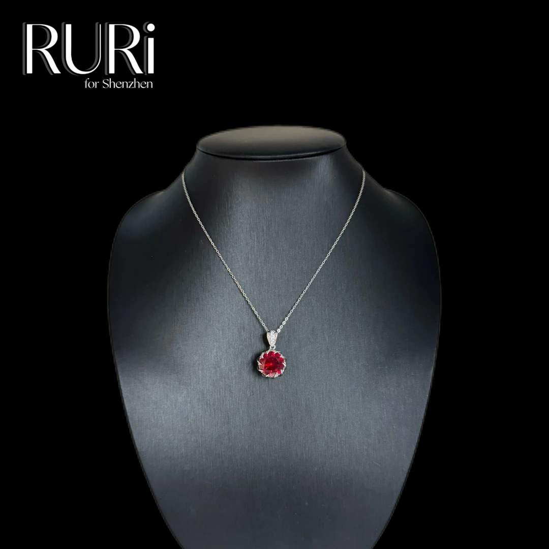 坠链均925银合成锆石 NEW  简约时尚莲花托镶嵌红石项链 H0033
