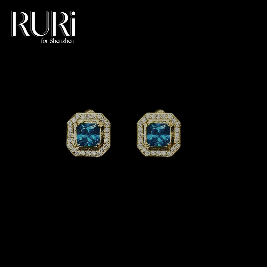 合金合成锆石耳饰 RURI  拼色镶嵌海蓝色方糖耳钉A0682