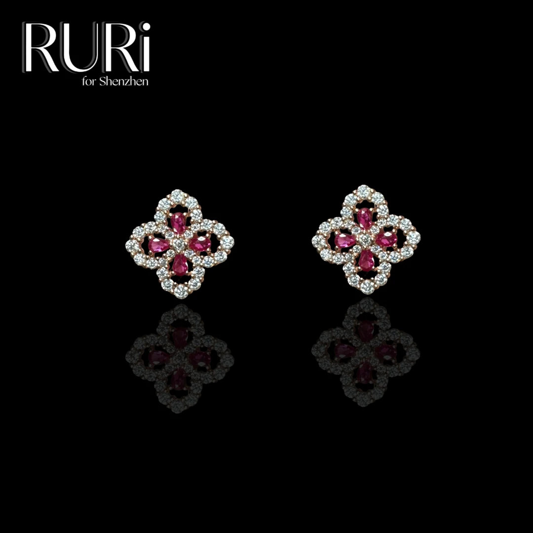 925银合成锆石耳饰 RURI  简约时尚四叶镶嵌玫红石耳饰 A0011