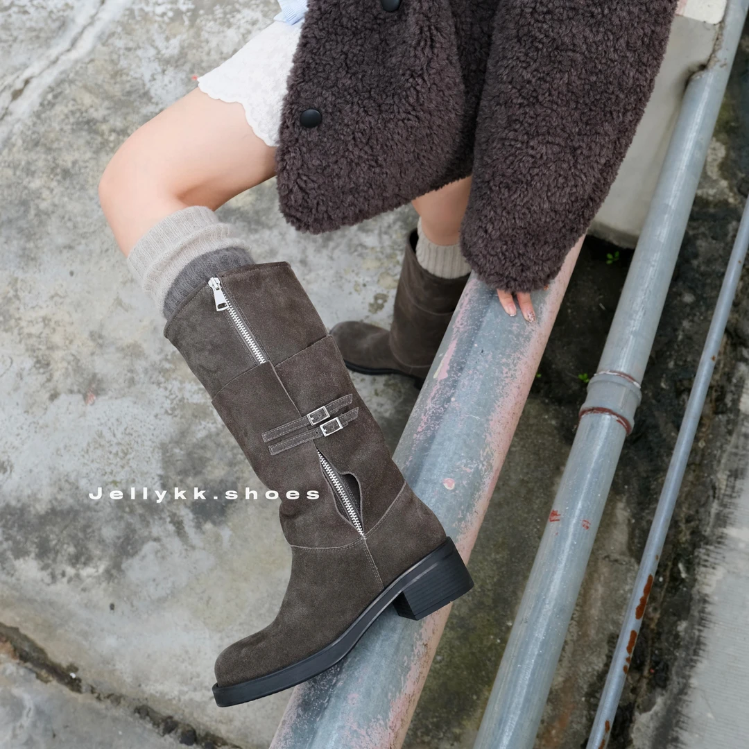 【Jellykk】5cm西部设计师款双层真皮粗跟圆头博主风时装百搭长靴