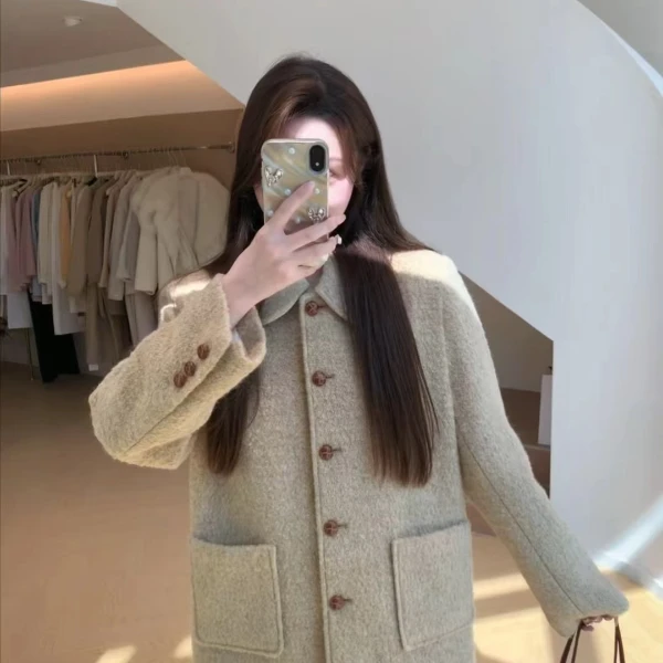 flower自制2024冬季新款夹棉保暖休闲淡绿色毛呢中长款外套女