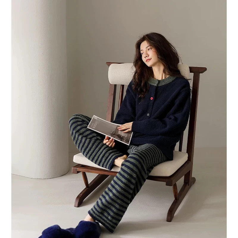 莫里伊【藏青拼色开衫】小众时尚设计休闲可外穿保暖睡衣家居服