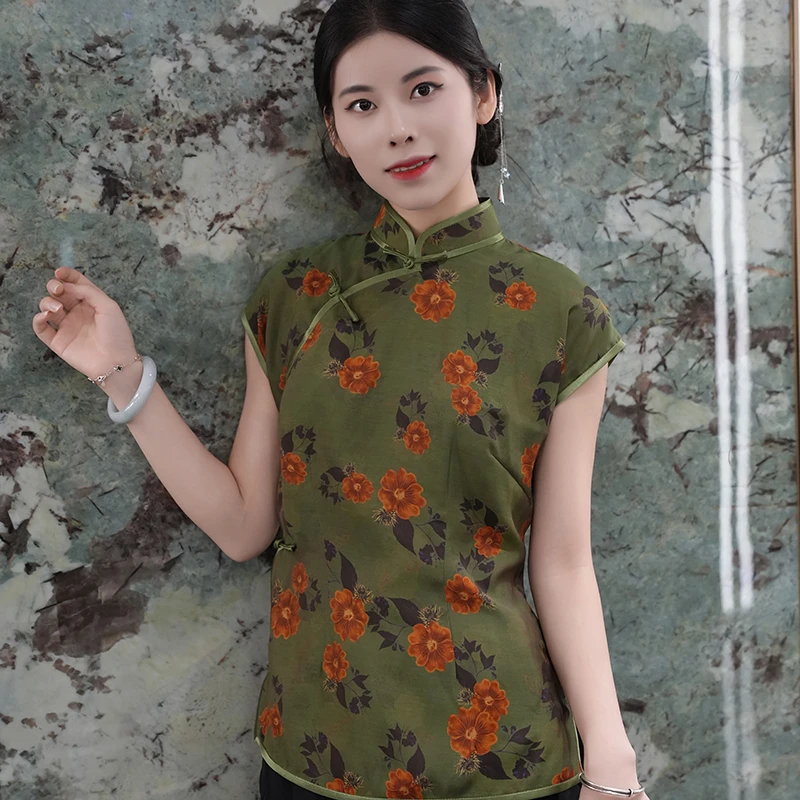 玲珑缎旗袍绿色上衣夏季气质国风立领单层短款复古修身