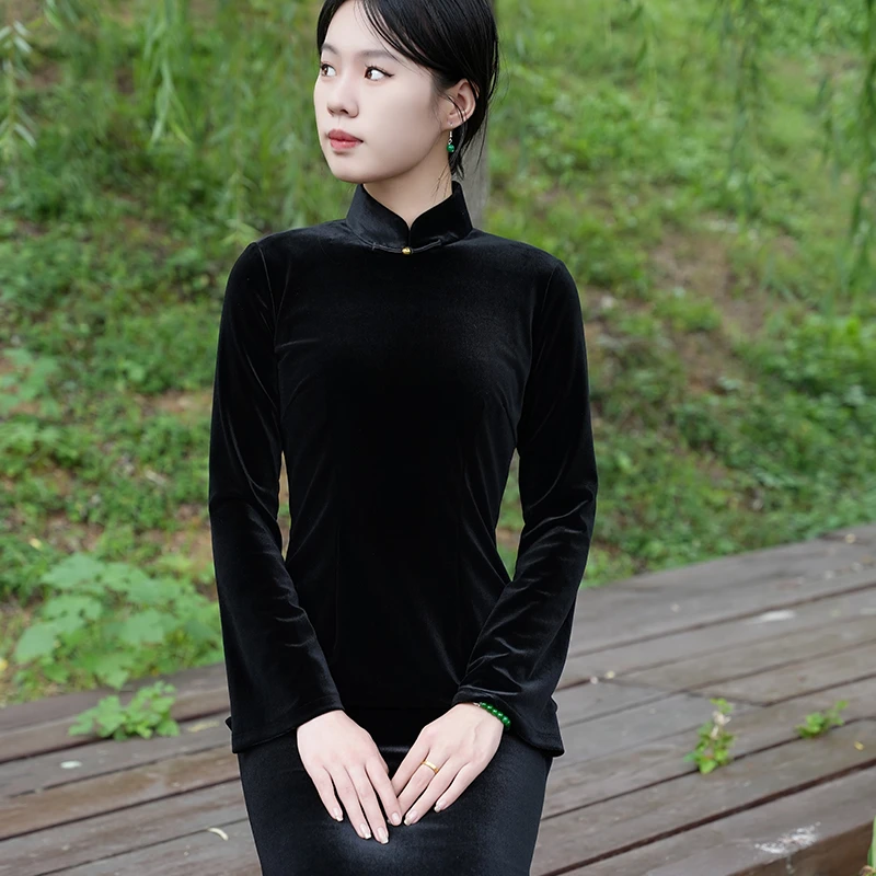 秋新品老上海手工扣长旗袍立领显瘦端庄大气港风黑丝绒后拉链鱼尾