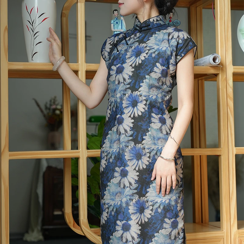 【幽莲】气质苎麻旗袍长款夏季日常优雅春夏印花修身女士显瘦中式