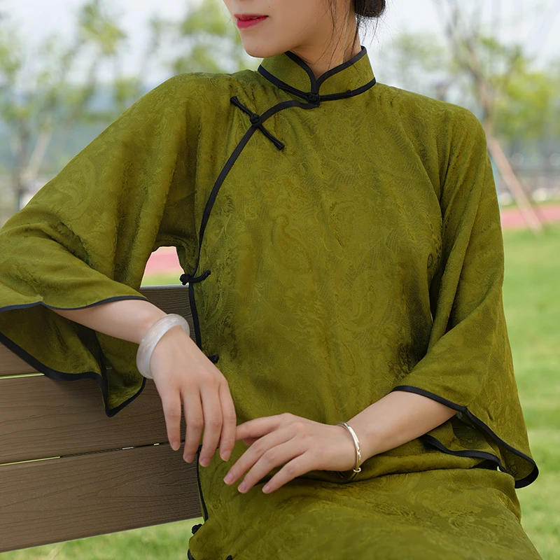 莞华玲珑缎旗袍女原创日常醋酸长款简约古法一片式平裁倒大袖