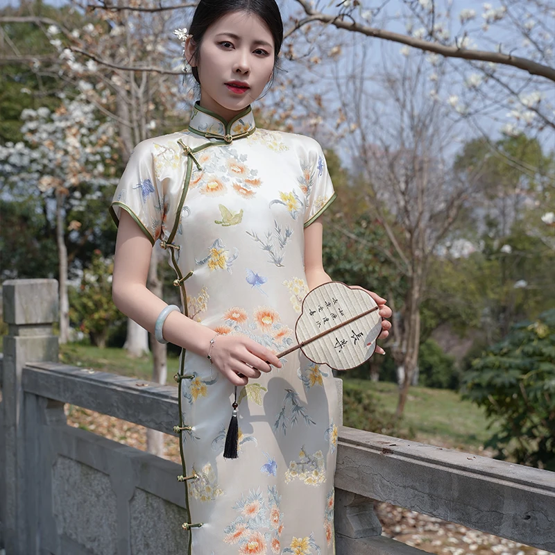 【蝶恋花】冠乐绉单层提花立领旗袍手工夏季中式显瘦气质长裙