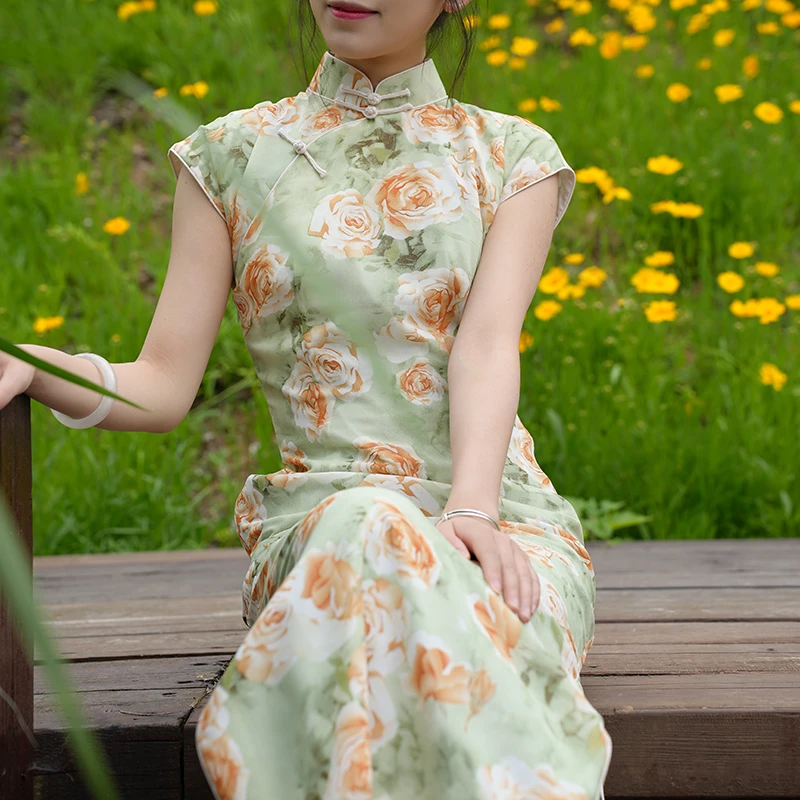 【花语】显瘦长裙少女旗袍气质复古修身日常适合夏天穿的轻薄裙子