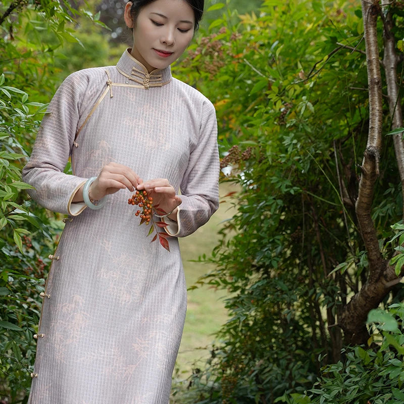 【竹韵】秋冬季长袖浅色清新竹叶日常全开旗袍修身复古手工中式风