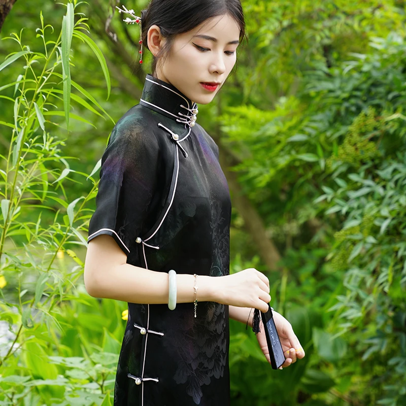 阑珊古法40姆米重缎香云纱幻彩黑长旗袍气质新中式民族风复古非遗