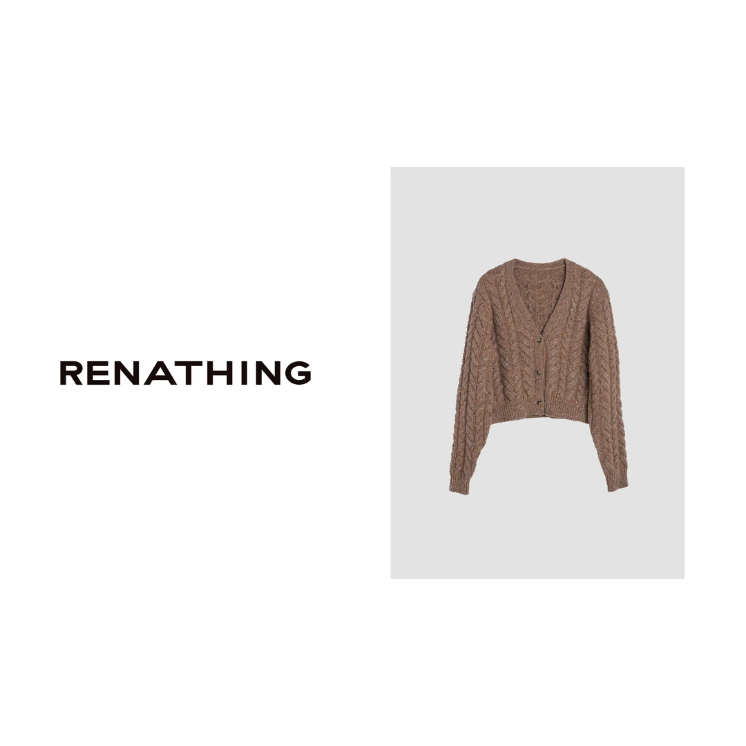 【RENATHING】棕色短款杂点麻花开衫