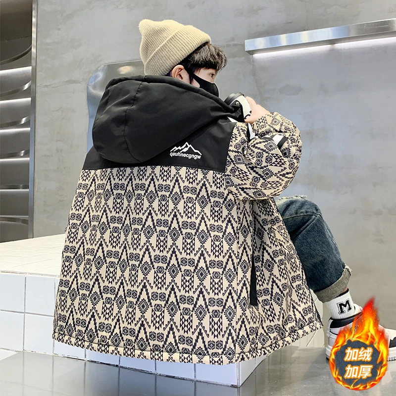 儿童服装男童加绒外套秋冬款2024新款中大童冬季加厚派克服棉服潮