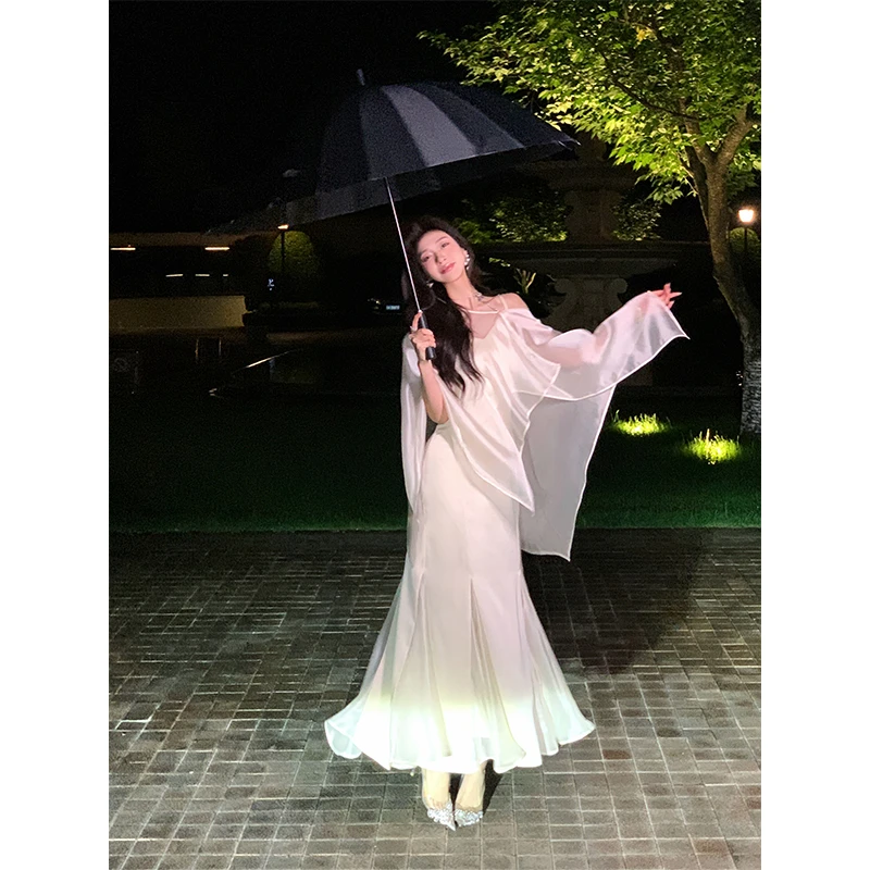 【风铃花蕊】夏季白色长款飘逸气质连衣裙披肩套装ZX024132