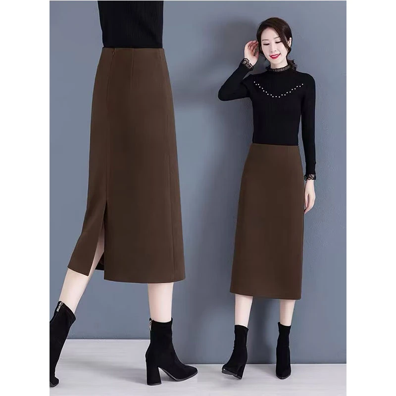 毛呢半身裙女秋冬2025春秋高档感高腰显瘦一步裙开叉中长款包臀裙