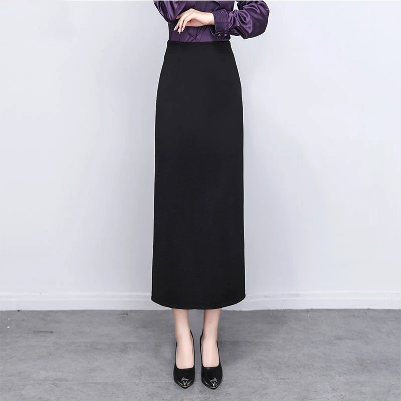 加绒加厚黑色直筒一步裙开叉高腰显瘦春秋半身裙中长款垂感包臀裙