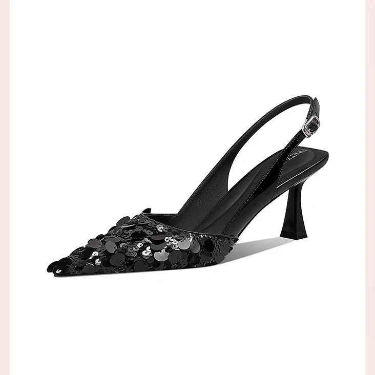 包头凉鞋女2025年新款银色金属尖头一字式扣带细跟高跟鞋春季百搭