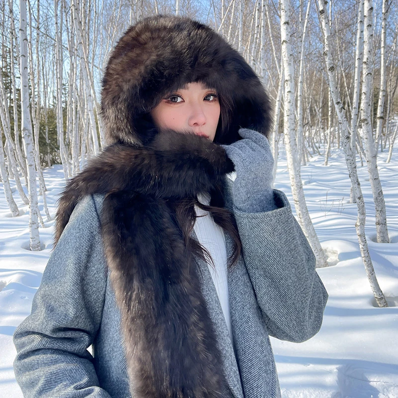 轻奢俄罗斯黑金貂毛编织风雪帽围巾帽子一体女冬季保暖护耳皮草帽