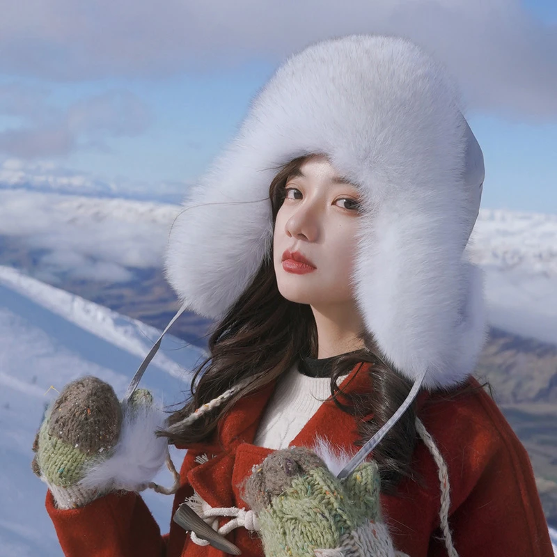 狐狸毛雷锋帽女士显瘦滑雪帽亲子毛毛帽子冬季护耳保暖皮草风雪帽