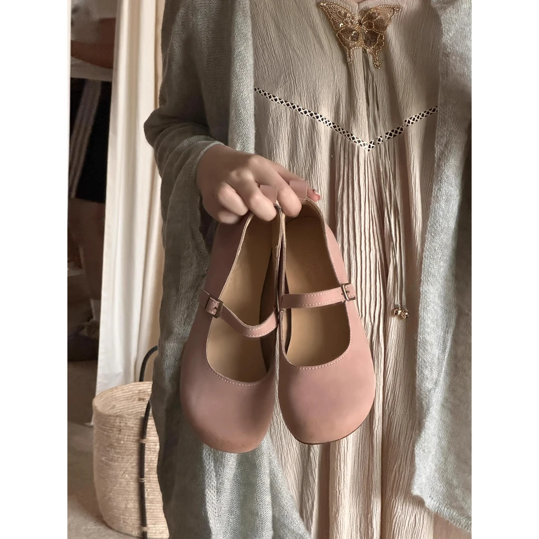 真皮小馒头圆头浅口擦色玛丽珍百搭单鞋粗跟厚底高跟温柔