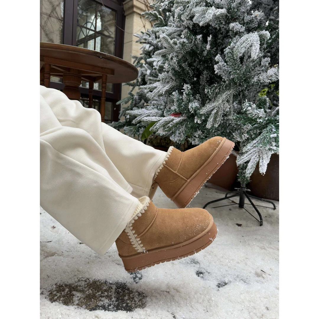 暮四秋冬雪地靴厚底加绒保暖短筒面包毛毛鞋户外棉鞋短靴女