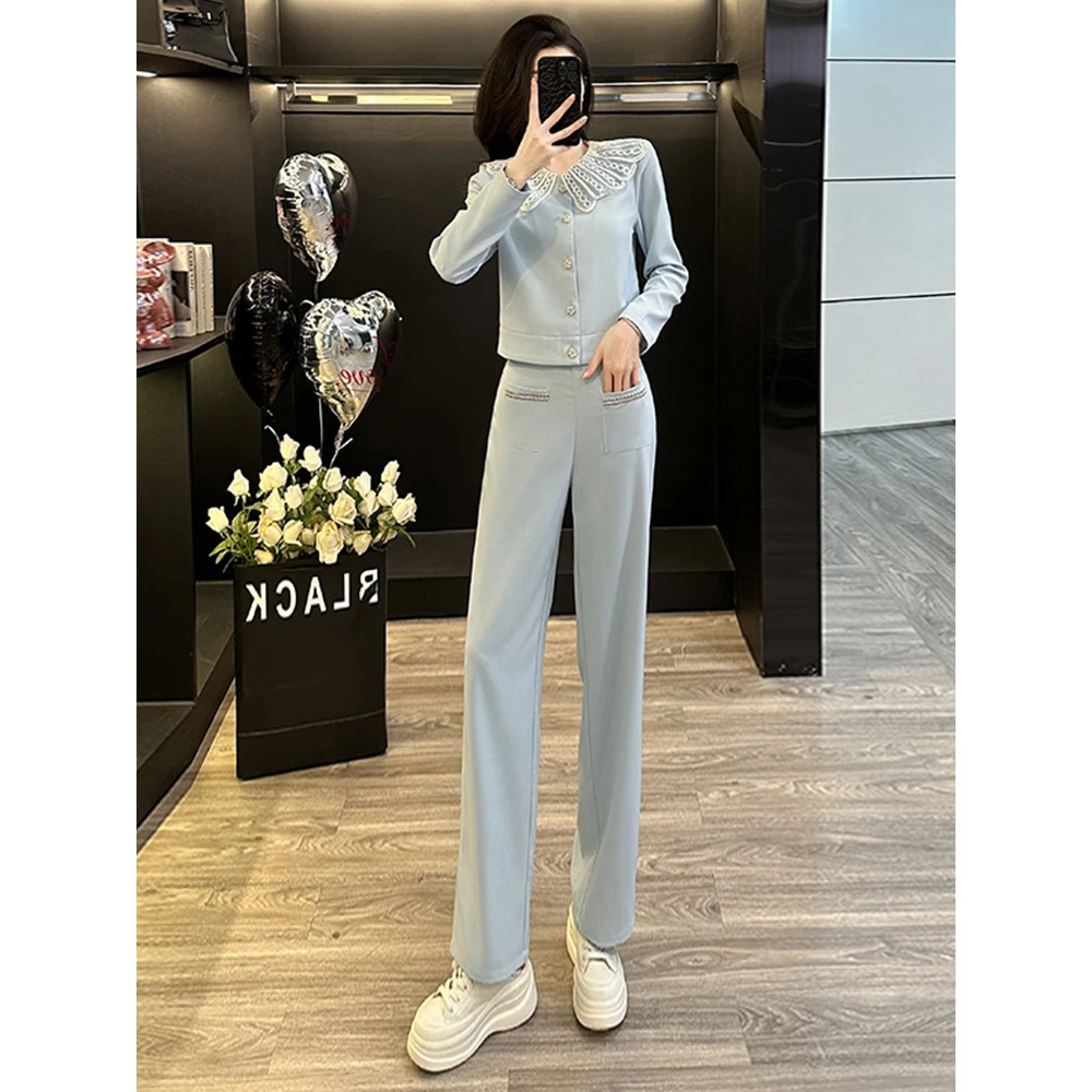 盐系穿搭休闲运动套装女秋减龄高级感花边领卫衣直筒裤两件套气质