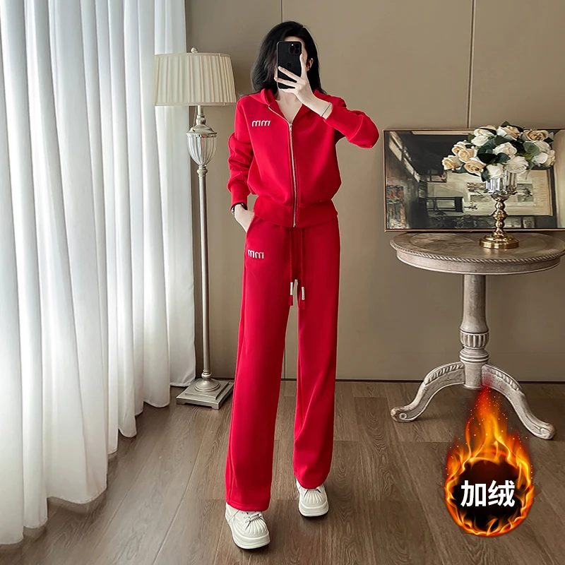 红色洋气喜庆休闲运动套装女秋冬季加绒女套装2024新款爆款洋气