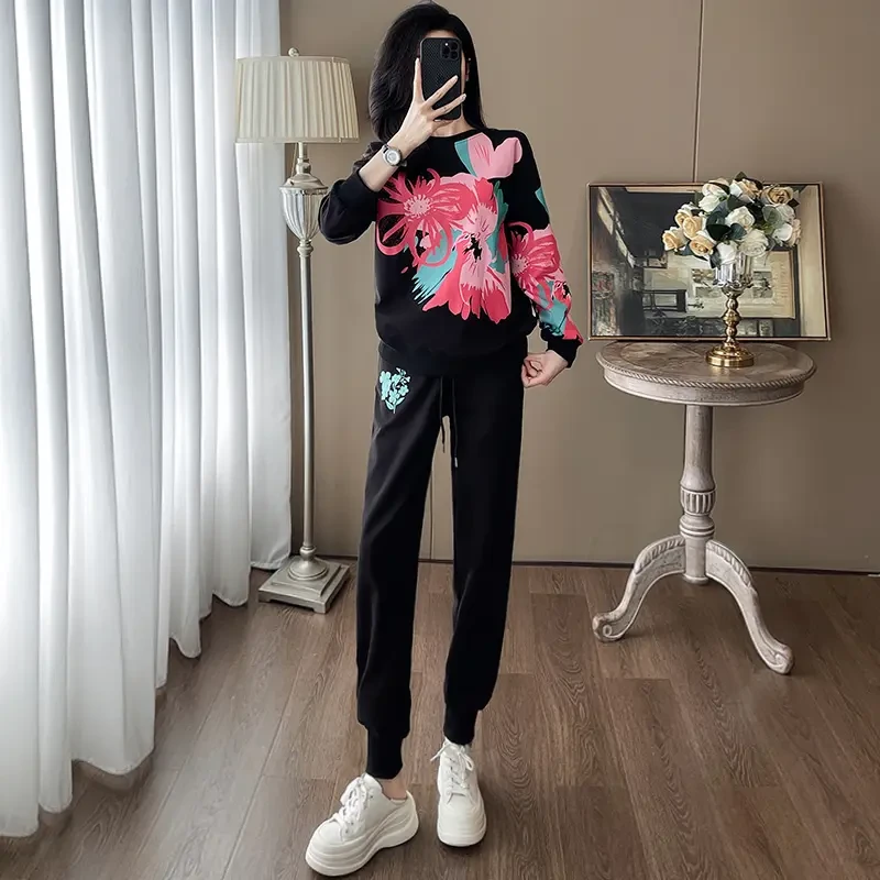 设计感小众休闲运动套装女2024秋冬季新款时尚黑色卫衣卫裤两件套