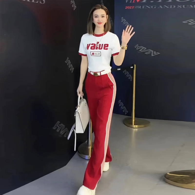 仙梦语夏季新款休闲运动套装女红色时尚洋气圆领短袖高腰阔腿裤