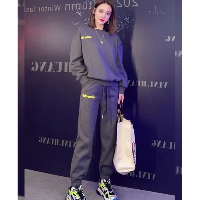 仙梦语秋冬高档加绒卫衣运动套装女新款休闲时尚洋气圆领两件套潮