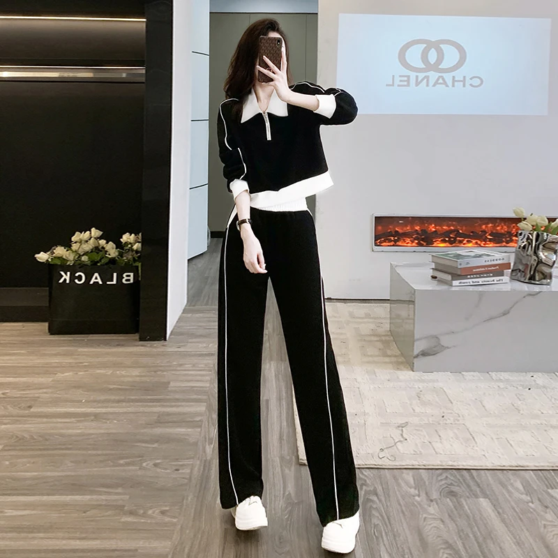 仙梦语春秋短款宽松卫衣高腰直筒裤休闲运动两件套女装小个子时尚