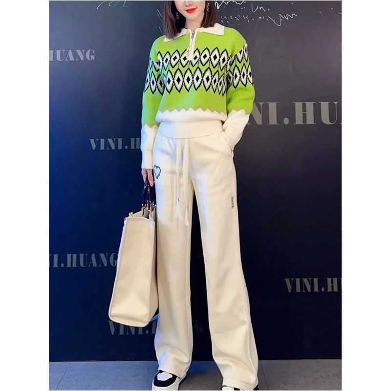 仙梦语春秋撞色翻领针织毛衣高腰直筒阔腿裤时尚休闲两件套女装