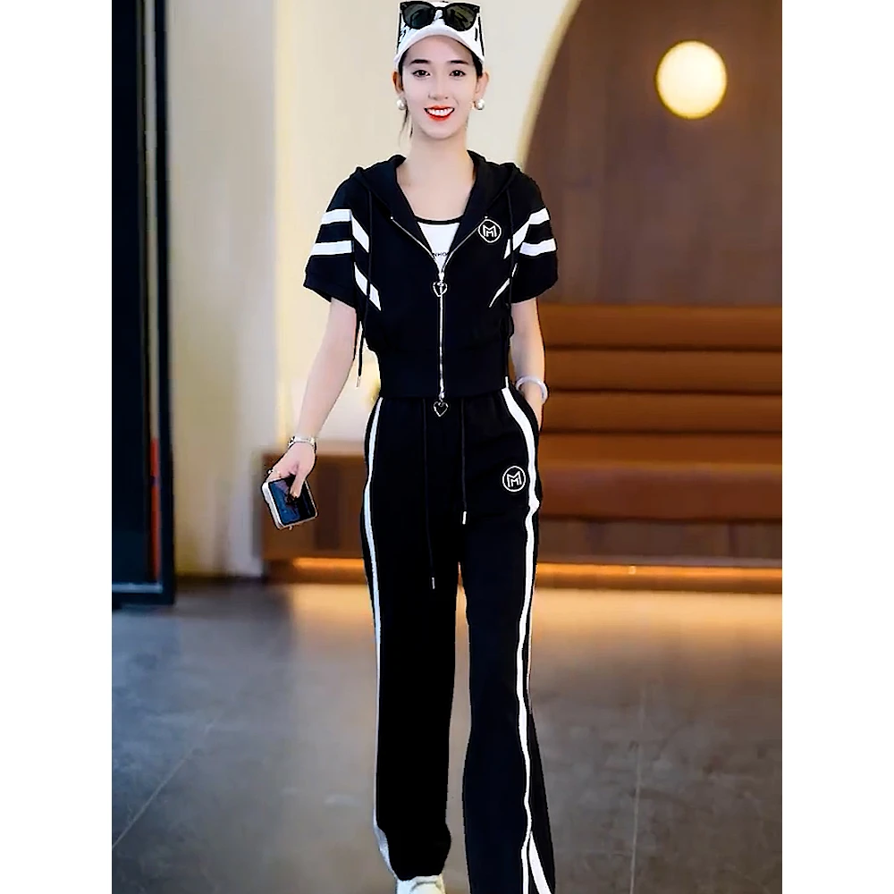 仙梦语欧货黑色休闲运动套装女夏季洋气显瘦拉链短袖高腰阔腿