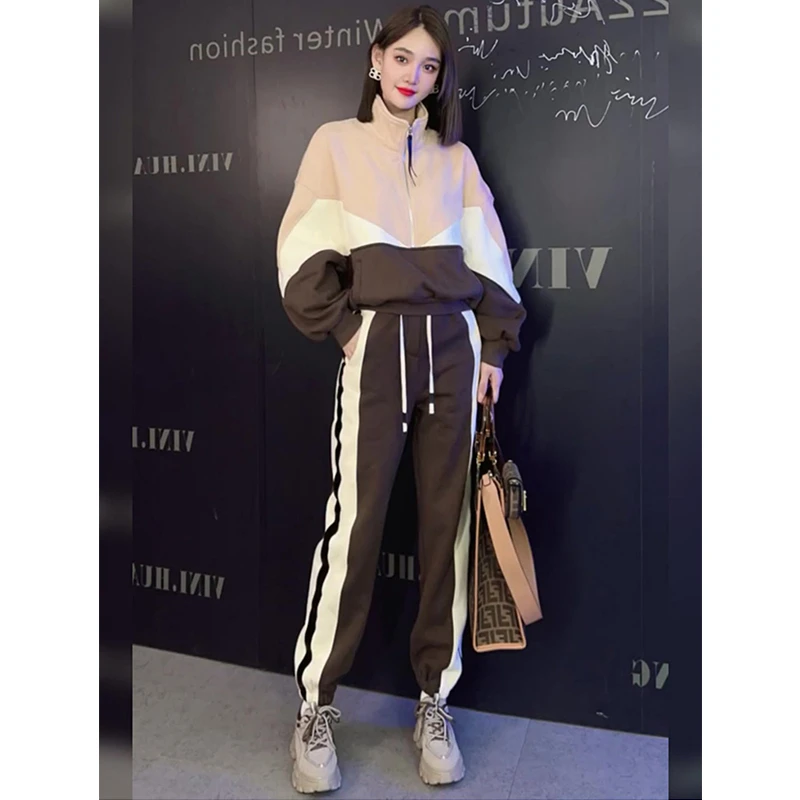 仙梦语秋冬加绒套装女时尚休闲拼色立领卫衣两件套2022新款显瘦