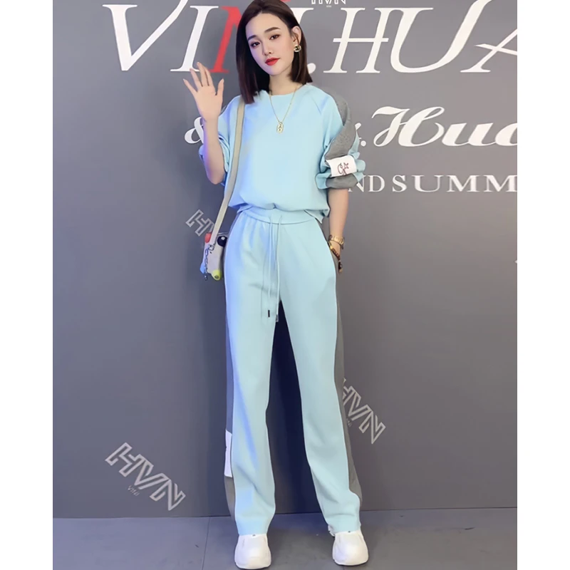 仙梦语春季新款运动套装女时尚洋气蓝色高级感宽松休闲卫衣两件套