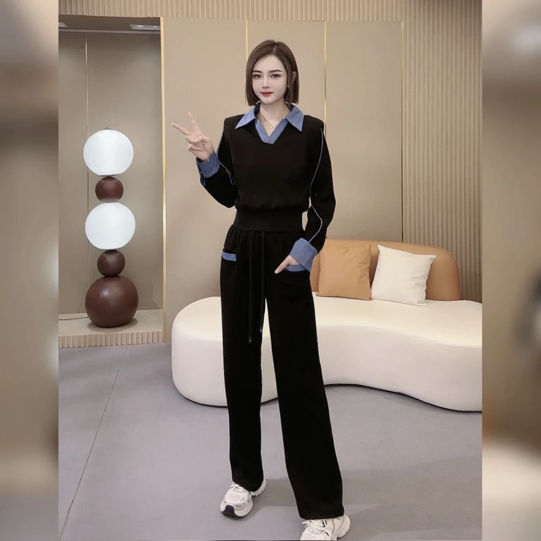 仙梦语秋装网红新款休闲运动套装女时尚假两件撞色显瘦气质两件套