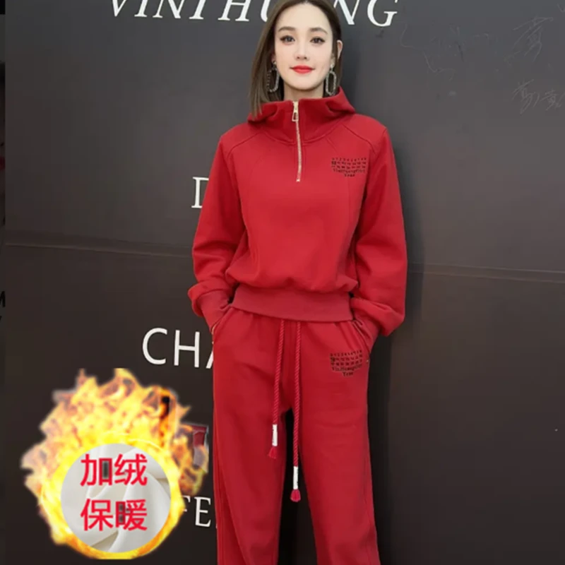 仙梦语秋冬加绒加厚保暖连帽卫衣套装女本命年红色洋气时尚不起球