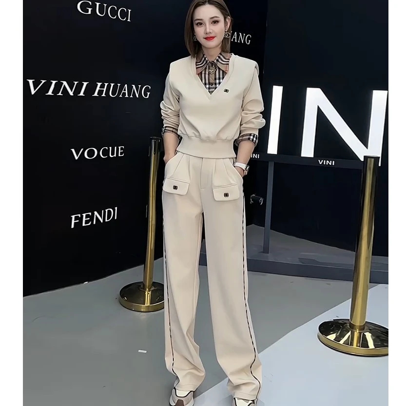 仙梦语秋冬加绒撞色格子假两件卫衣阔腿裤时尚休闲套装女气质减龄