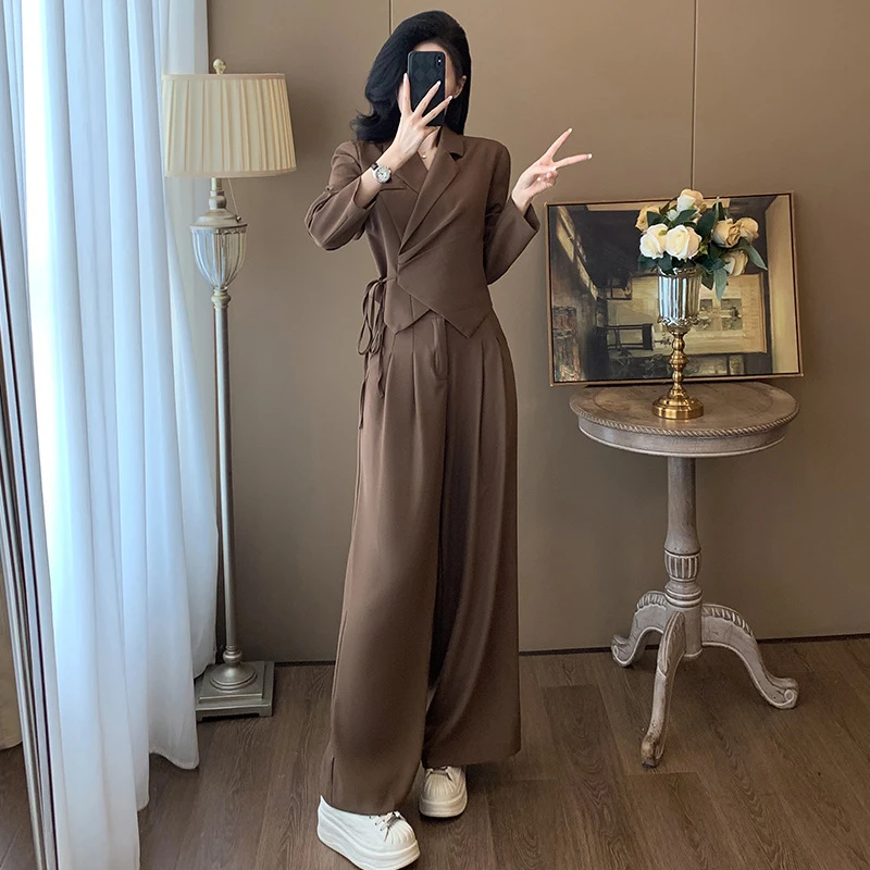 休闲高级感职业西装套装女春季绑带收腰短款上衣高腰阔腿裤两件套