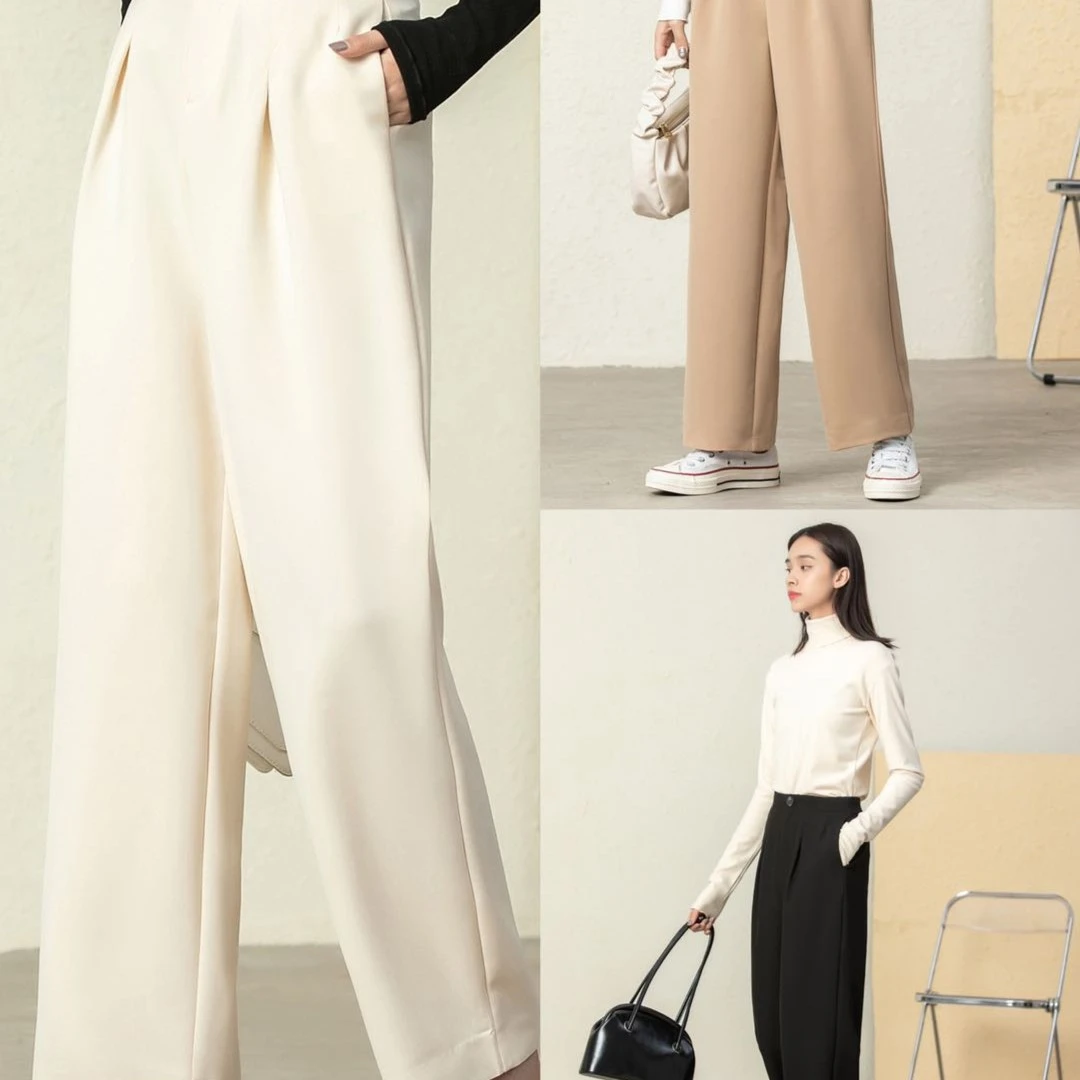 时尚百搭韩版气质淑女洋气立体连腰直筒裤K-2111