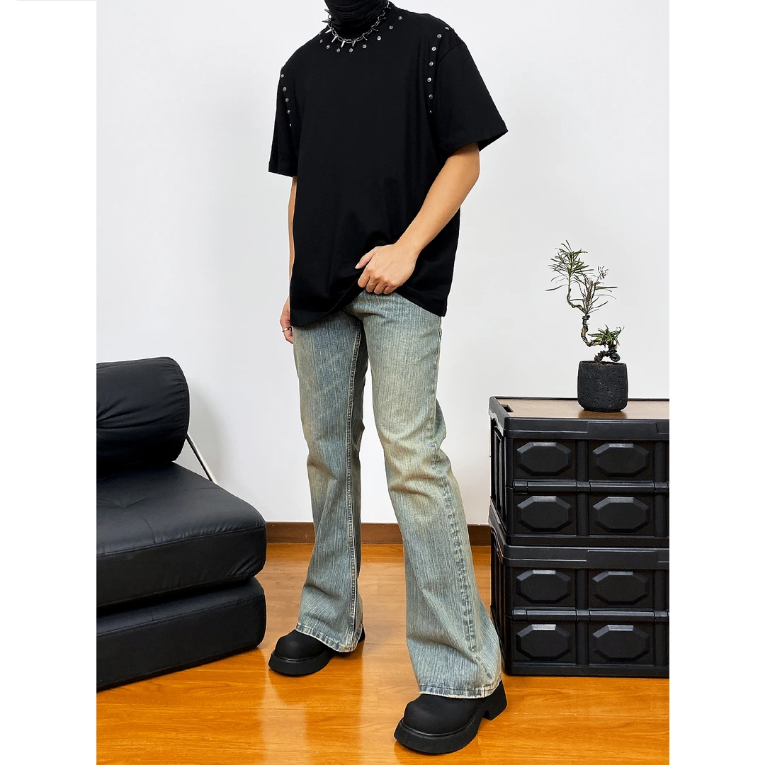 裤戈 美式复古cleanfit宽松休闲水洗做旧竹节质感微喇牛仔裤男 潮