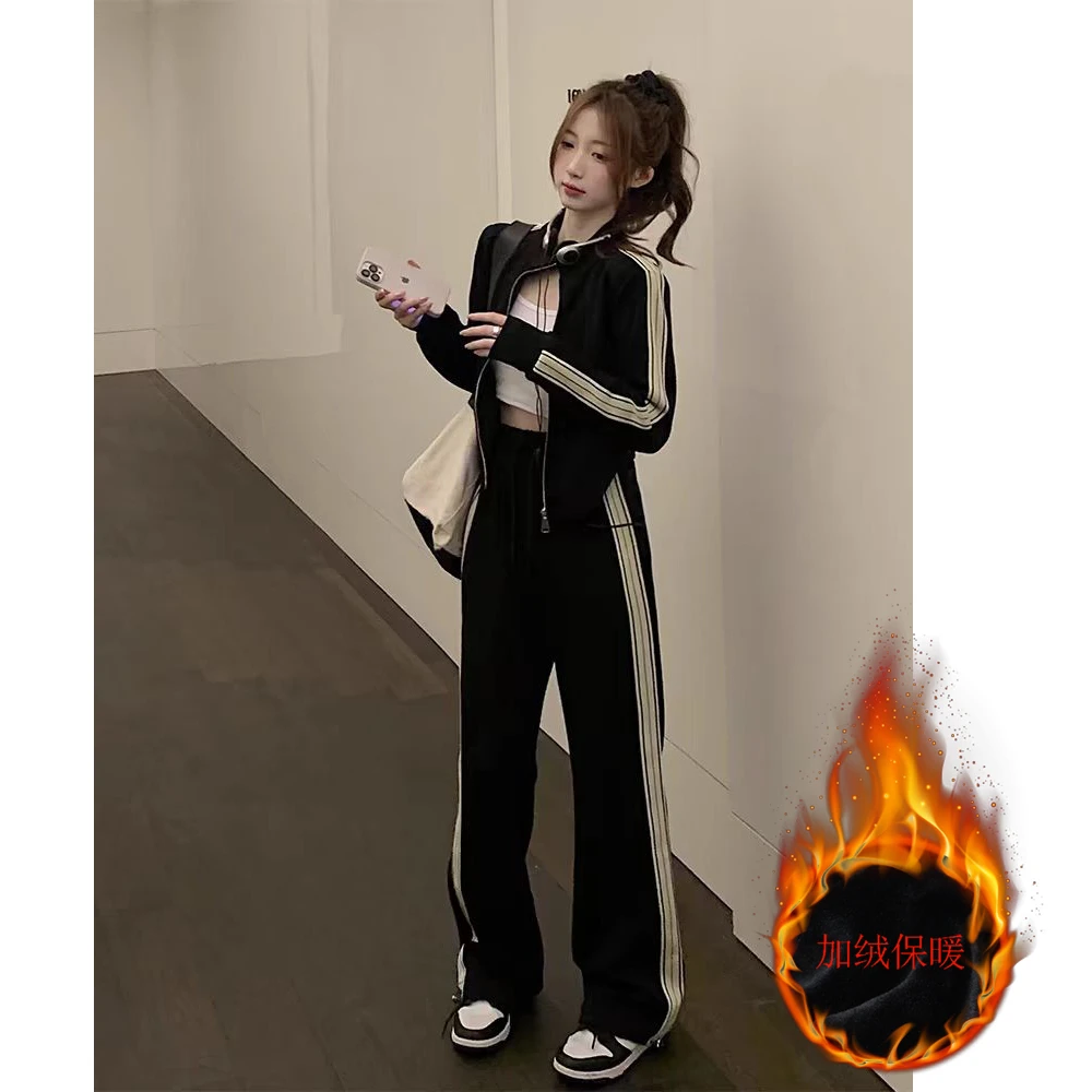 W3010小个子时尚运动套装女秋冬加绒保暖减龄外套窄版裤两件套