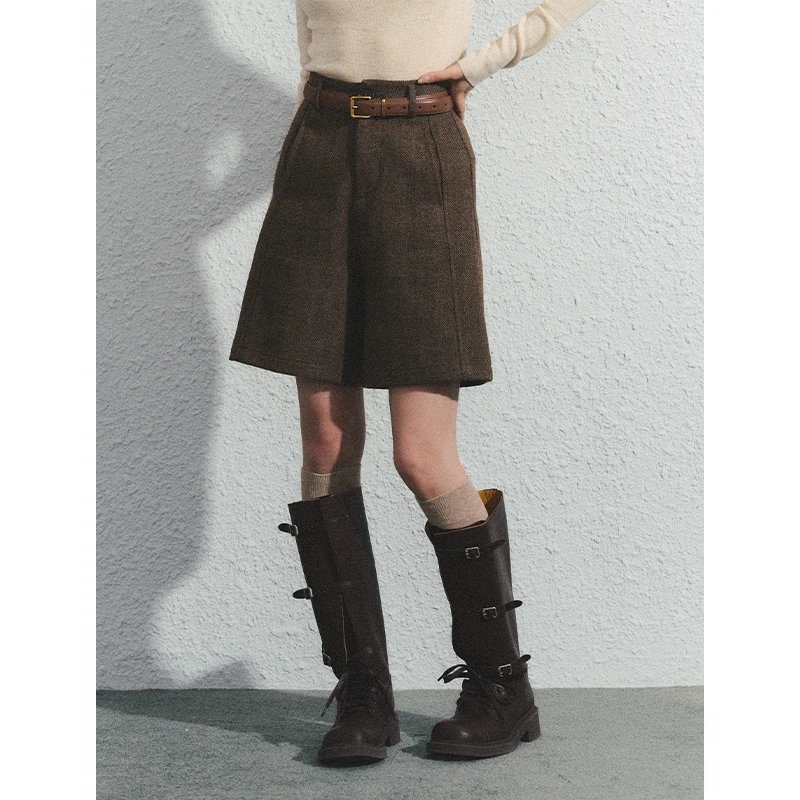 【南南专属价】棕色英伦风人字呢高腰显瘦中筒裤