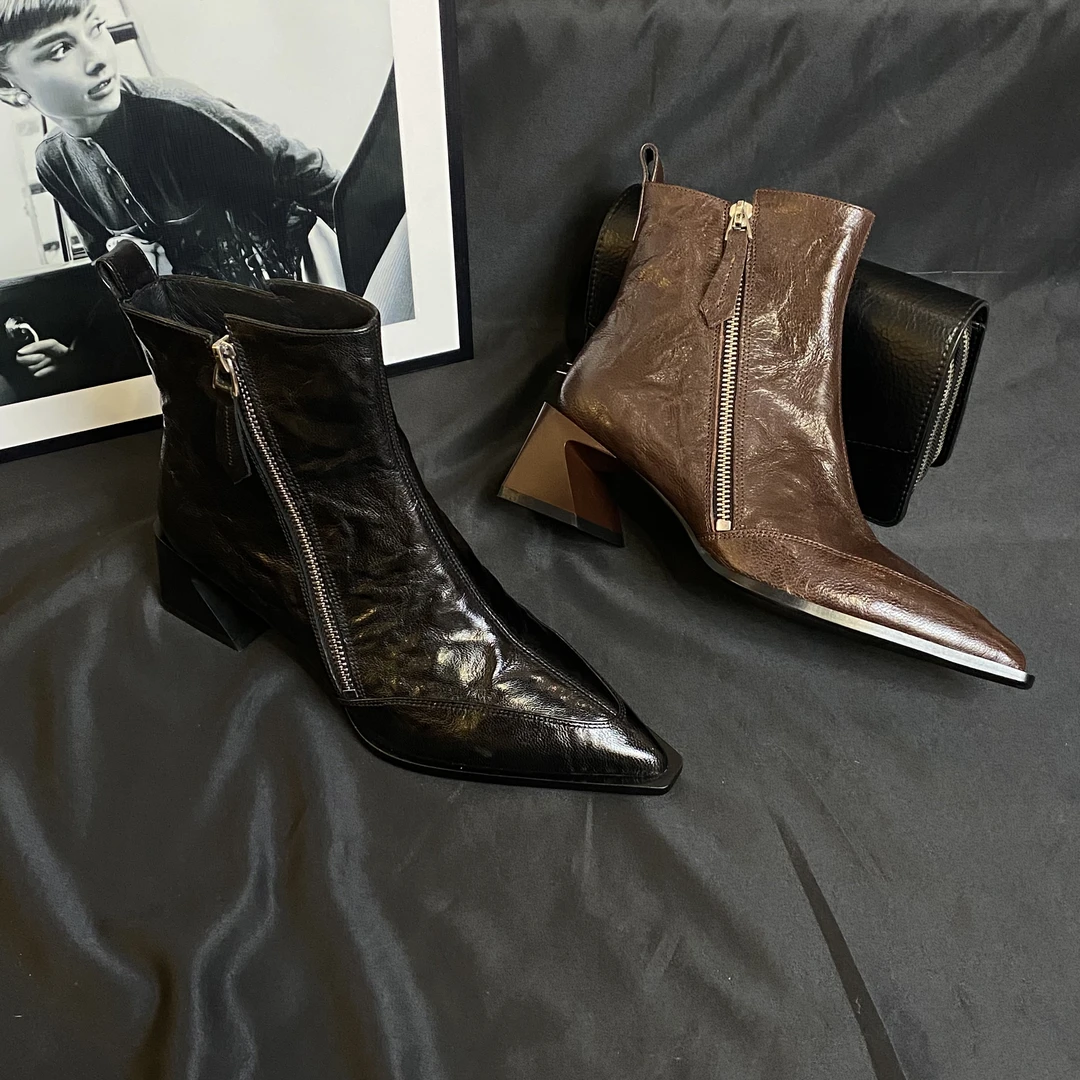 【XZZ】【4CM 】2024秋冬百搭气质时尚矮跟手抓羊皮尖头短靴