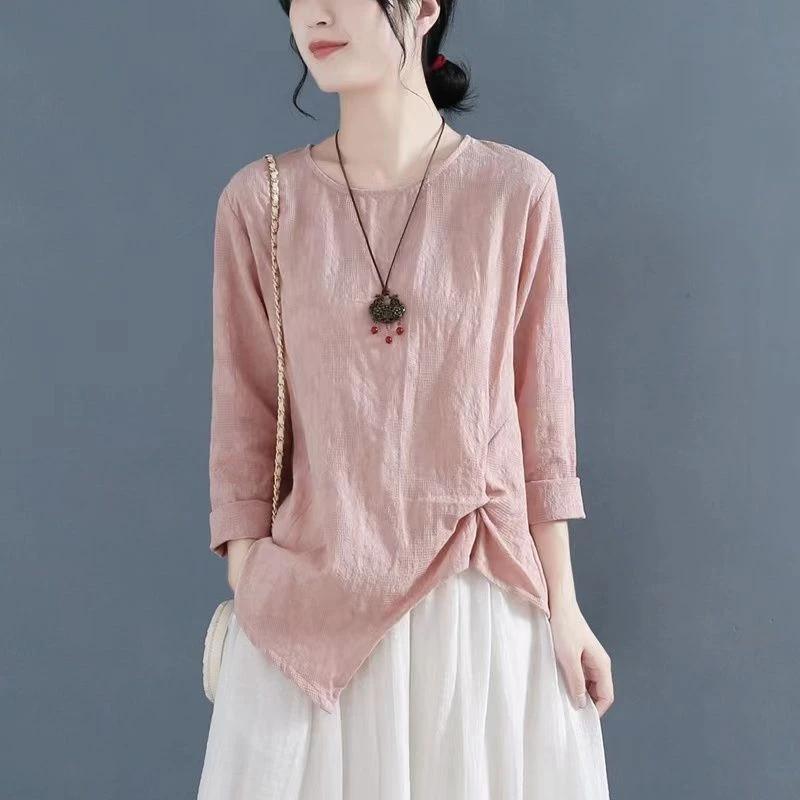 棉麻褶皱显瘦长袖T恤女2025春秋文艺大码下摆不规则宽松显瘦上衣